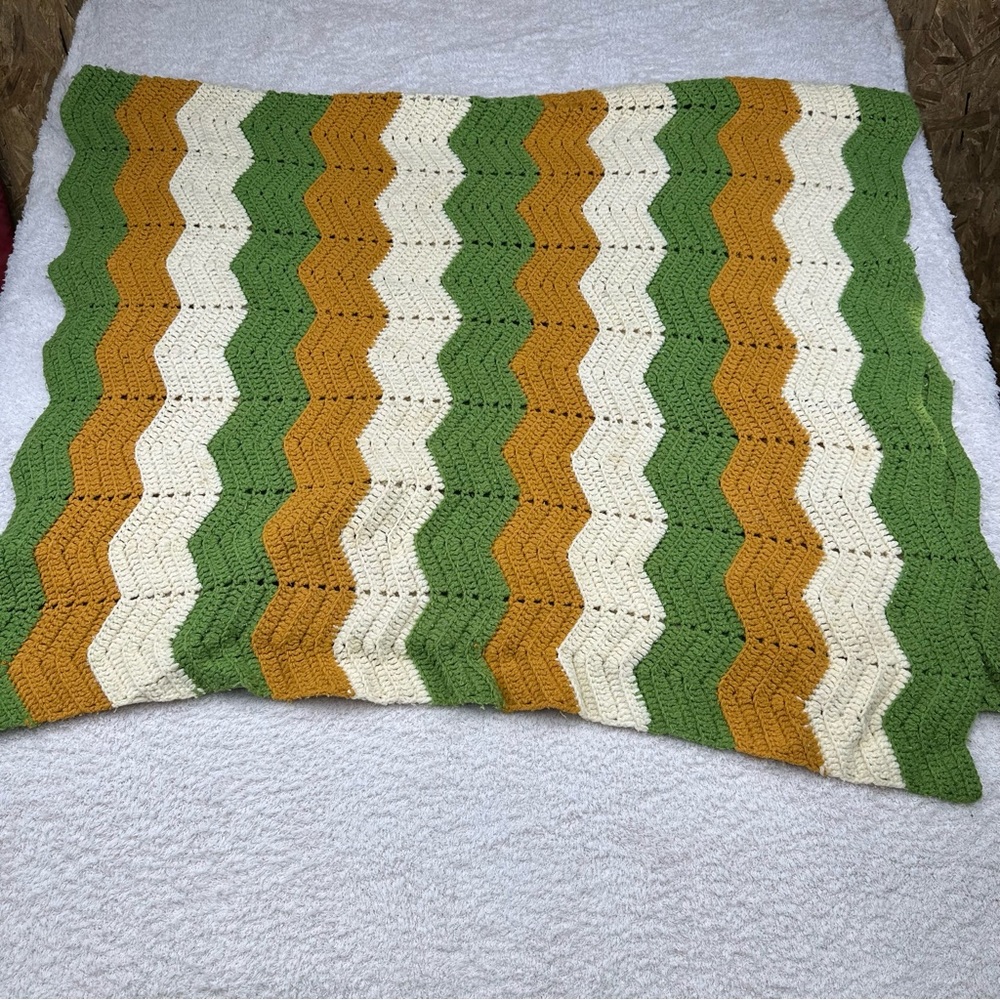 Handmade Green, Gold, and Cream Chevron Afghan 40x60